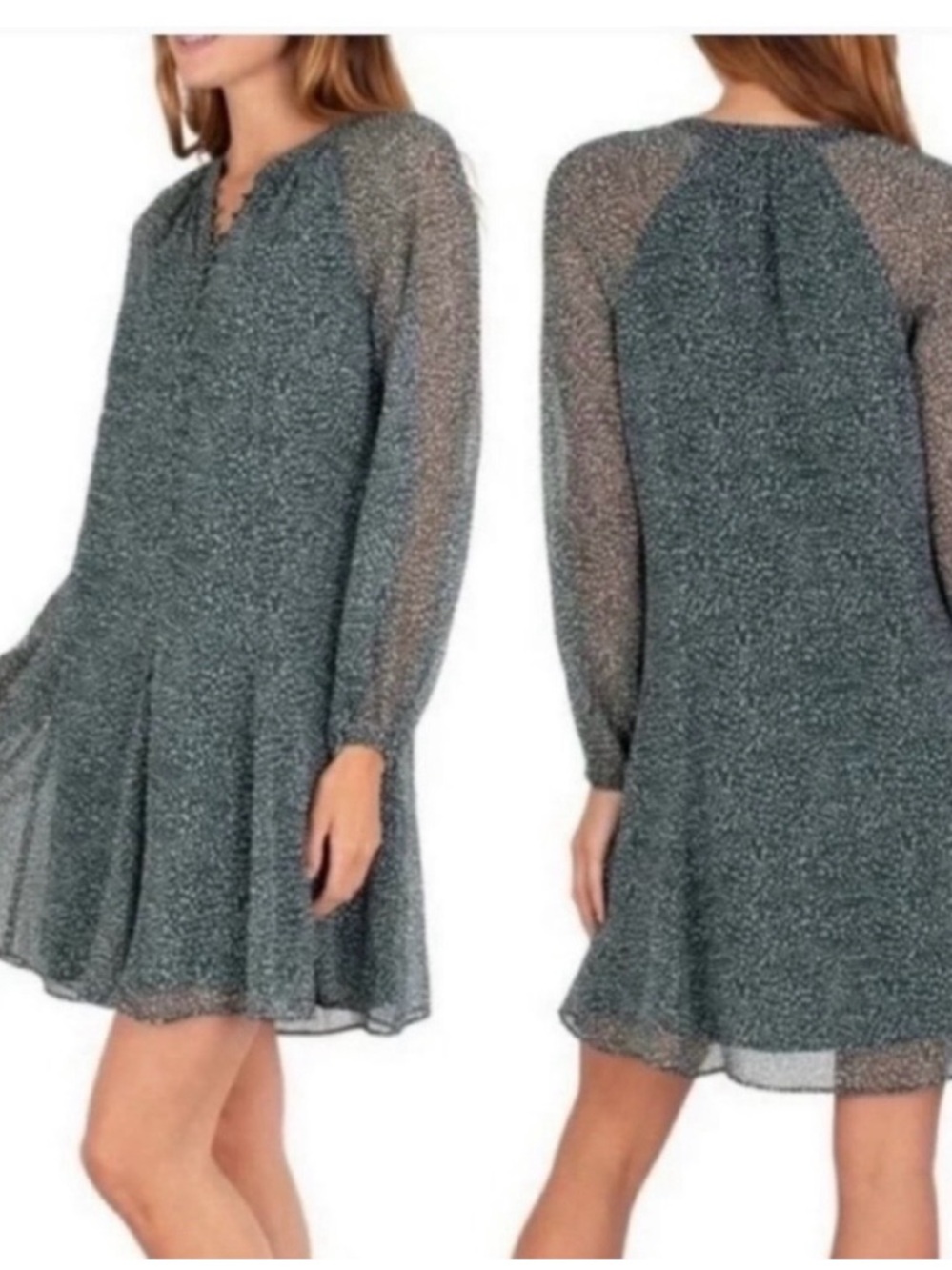 Joie Green Speckled Long-Sleeve Flutter Hem Dress